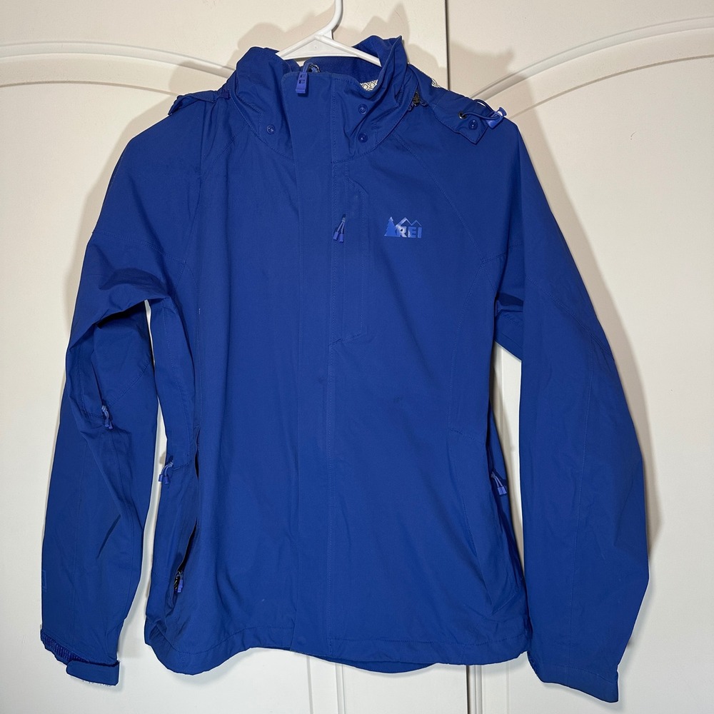REI Rain Jacket Womens Small Blue Hooded Waterproof Windbreaker Elements Vibrant